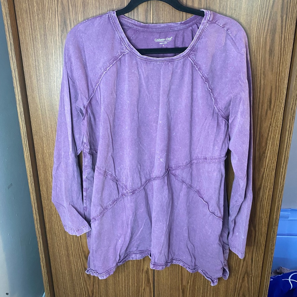 Coldwater Creek Tunic Top Womens Large‎ Purple Mineral Wash Raw Edge Seam Cotton